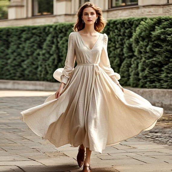 Timeless Linen Maxi Dress Long Sleeve V-neck Dress Summer Fall Dress Boho  Cottagecore Dress Flowy Dress Women Swing Chic Dress Custom Dress - Etsy