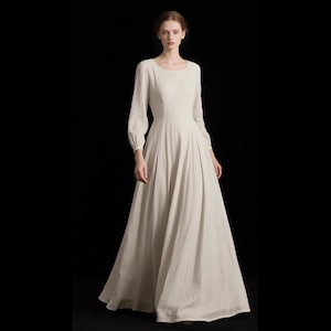 ロマンティックなリネンのマキシドレス、長袖リネンガウン、ポケット付き、Aライン、フルレングスドレス、ヴィンテージ春夏ドレス、ハンドメイドカスタムドレス