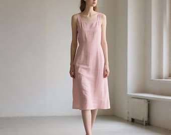Linen Midi Dress with Square Neck and Back Elastic Waist Sleeveless Summer Dress with Flowy Skirt Women Dress Custom Dress Handmade Dress