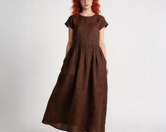 Pure Linen Maxi Dress for Women Short Sleeves Cottagecore Linen Dress with Pockets Minimalist Summer Dress Custom Made Wedding Guest Dress
