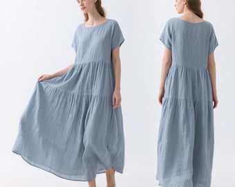 Abito lungo in lino da donna, lunghezza pavimento, manica corta, vestibilità ampia, abito estivo, scollo tondo, minimalista, fluido, con tasche, abito personalizzato