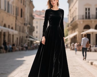 Black Velvet Dress Women, Long Sleeve Velvet Floor Length Gown, Elegant Handmade Velvet Maxi Dress, Winter Formal Evening Dress Party Dress