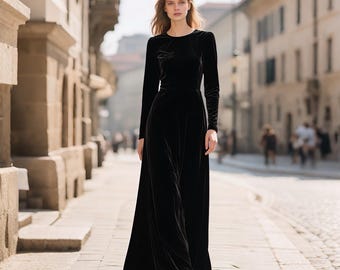 レディース ブラック ベルベット マキシドレス ロングスリーブ フロア丈 ガウン エレガント 冬 イブニング フォーマル カスタムドレス 秋ドレス ブライズメイドドレス