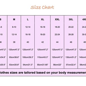 May include: Size chart with measurements for clothing, including US, UK, and EU sizes. Dress length is 47.2 inches, bust measurements range from 34.6 to 63 inches, and sleeve length is 20.5 to 23.6 inches.