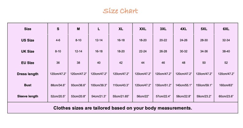 May include: Size chart with measurements for clothing, including US, UK, and EU sizes. Dress length is 47.2 inches, bust measurements range from 34.6 to 63 inches, and sleeve length is 20.5 to 23.6 inches.