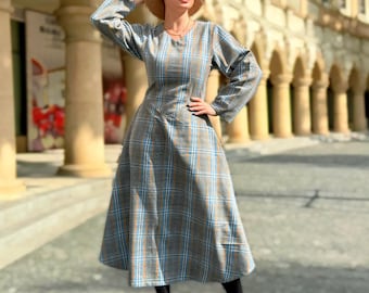 Abito midi in lana scozzese, abito in lana scozzese da donna, abito in lana svasato, abito in lana a maniche lunghe, abito svasato, abito autunno inverno, abito personalizzato