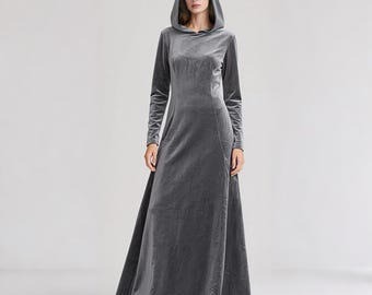 Gray Velvet Hooded Maxi Dress Women Long Sleeve Dress Gothic Medieval Inspired Evening Gown Winter Formal Dress Custom Dress Autumn Dress