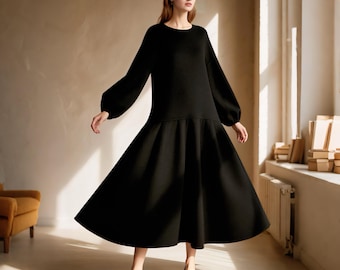 Wool Dress Women, Drop Waist Wool Midi Dress, Long Sleeve Winter Dress, Elegant Minimalist Wool Dress, Handmade Warm Clothing Custom Dress