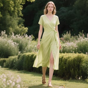 Linen Wrap Dress With Belt Short Sleeve Summer Midi Dress Custom Handmade V-Neck Garden Dress Linen Clothing for Women Cottagecore Dress