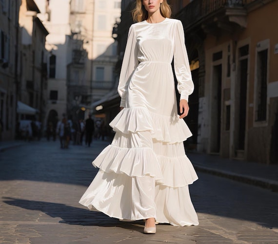 Buy White Velvet Maxi Dress Women Long Sleeve Dresstiered Ruffle Hem Elegant  Evening Gown Fall Winter Holiday Party Dress Custom Formal Dress Online in  India - Etsy