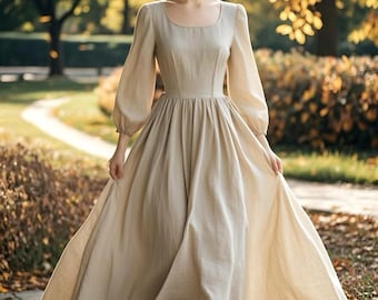 Romantic Linen Maxi Dress 3/4 Sleeve Square Neck Dress Cottagecore Flowy A-Line Dress Summer Fall Dress Vintage Boho Dress Custom Dress