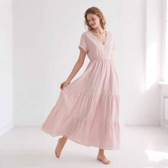 Handmade Linen Maxi Dress with Tiered Skirt V-Neck Summer Dress Flowing Custom-Fit Linen Gown Women Dress Kaftan Dress Garden Party Dress