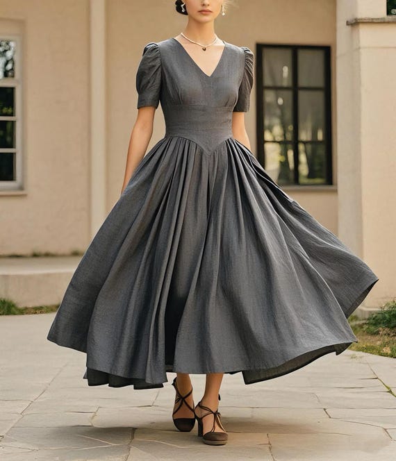 Elegant Vintage Linen Maxi Dress Puff Sleeve Cottagecore Dress Handmade Flowy Dress Romantic Dress Women Summer Fall Dress Custom Dress