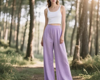 Pueple Linen Pants Women Wide Leg Pants with Pockets Elastic Waist Handmade Custom Pants Soft Summer Pants Long Pants Loose Casual Pants