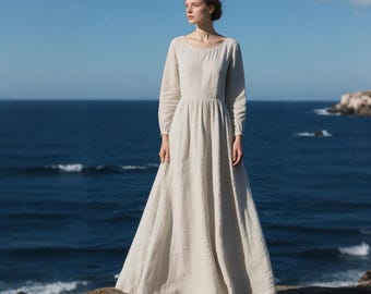 Classic Linen Maxi Dress Elegant Long Sleeve Dress Handmade Flowy Gown Floor-Length Prairie Dress with Elastic Waist Custom Women's Dress