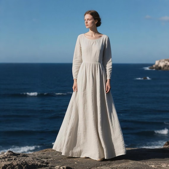 Classic Linen Maxi Dress Elegant Long Sleeve Dress Handmade Flowy Gown Floor-Length Prairie Dress with Elastic Waist Custom Women's Dress