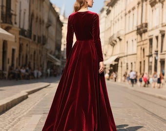 besame burgundy velvet long sleeve maxi dress Velvet Evening Gown Winter Wedding Guest Dress Custom Velvet Formal Dress Floor Length Velvet Dress Sleeve maroon
