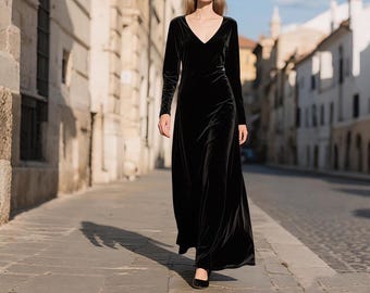 Black Velvet Maxi Dress Women Deep V Neck Long Sleeve Velvet Gown Elegant Velvet Evening Dress Formal Fall Winter Party Outfit Custom Dress