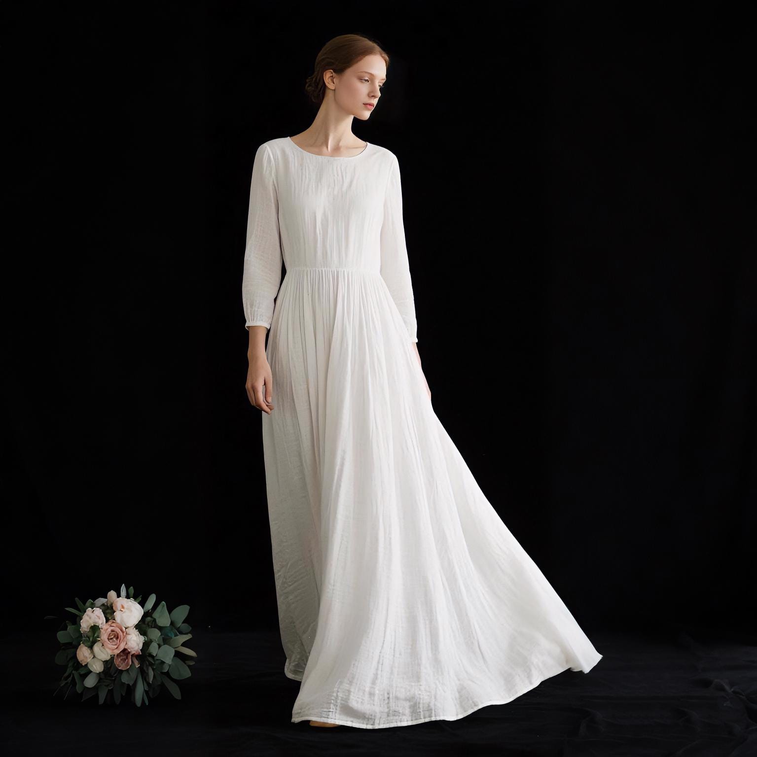 green emerald velvet dress Zapaka Women White Modest Graduation Dress with Short Sleeves A Line V Neck Boho Lace Long Engagement Party Dress, White / S main image 1
