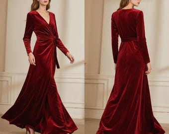 Vestido longo de veludo feminino, manga longa, comprimento até o chão, elegante, vestido de noite, festa formal, vestido para convidada de casamento, vestido personalizado, outono-inverno