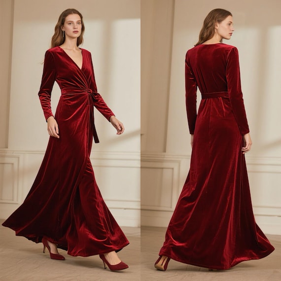 Velvet Wrap Maxi Dress Women Long Sleeve Floor Length Elegant Evening Gown Formal Party Wedding Guest Dress Custom Dress Fall Winter Dress