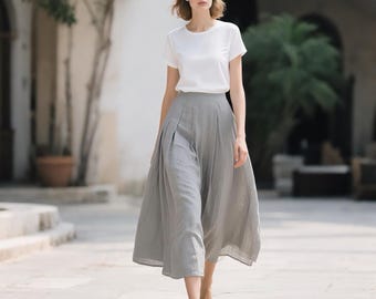 Linnen midirok voor dames platte voorkant elastische achterkant hoge taille rok geplooide a-lijn rok met zakken Custom rok linnen rok met zakken