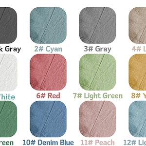 May include: A color palette of twelve fabric swatches, each in a different solid color. Colors include black gray, cyan, gray, linen, white, red, light green, yellow, green, denim blue, peach, and light blue. Each swatch has a number and color name.