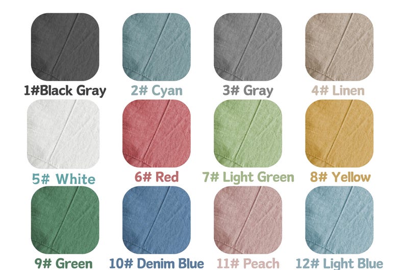 May include: A color palette of twelve fabric swatches, each in a different solid color. Colors include black gray, cyan, gray, linen, white, red, light green, yellow, green, denim blue, peach, and light blue. Each swatch has a number and color name.