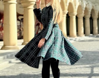 Wool Long Dress, Plaid Wool dress, Midi Wool Dress, Swing Wool Dress, Long Sleeve Wool Dress, Fit and Flare Dress, Winter Dress,Custom Dress