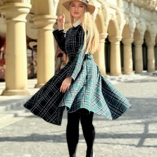 Wool Long Dress, Plaid Wool dress, Midi Wool Dress, Swing Wool Dress, Long Sleeve Wool Dress, Fit and Flare Dress, Winter Dress,Custom Dress