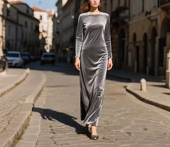 grey velvet dress outfit Grey Velvet Long Dress 3845GR