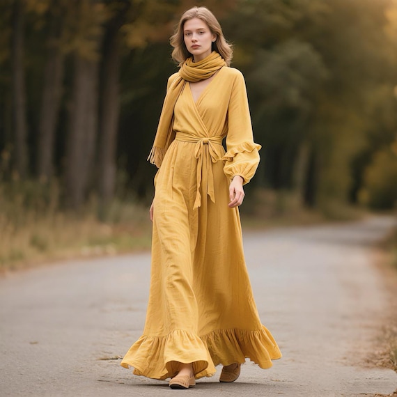 mustard linen wrap dress MARY Linen Wrap Dress