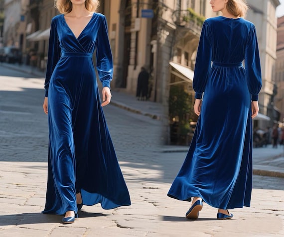 Royal Blue Velvet Maxi Dress Women Long Sleeve V Neck Dress Elegant Dress  Evening Gown Fall Winter Dress Bridesmaid Prom Dress Holiday Dress - Etsy