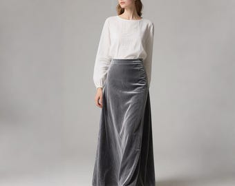 Grey Velvet Maxi Skirt for Women Long A Line Skirt with Side Zipper Elegant Winter Formal Skirt Custom Handmade Clothing Fall Winter Skirt