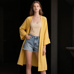 Yellow Linen Midi Coat Open Front Long Sleeve Linen Coat with Patch Pocket Oversized Women Summer Coat Beach Vacation Linen Custom Coat