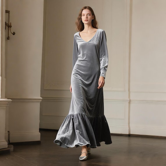 Grey Velvet Maxi Dress for Women V Neck Long Sleeves Dress With Ruffle Hem Modest Evening Gown Fall Winter Wedding Guest Dress Custom Dress - Etsy Israel Grey Velvet Maxi Dress for Women V Neck Long Sleeves Dress With Ruffle Hem Modest Evening Gown Fall Winter Wedding Guest Dress Custom Dress - Etsy Israel