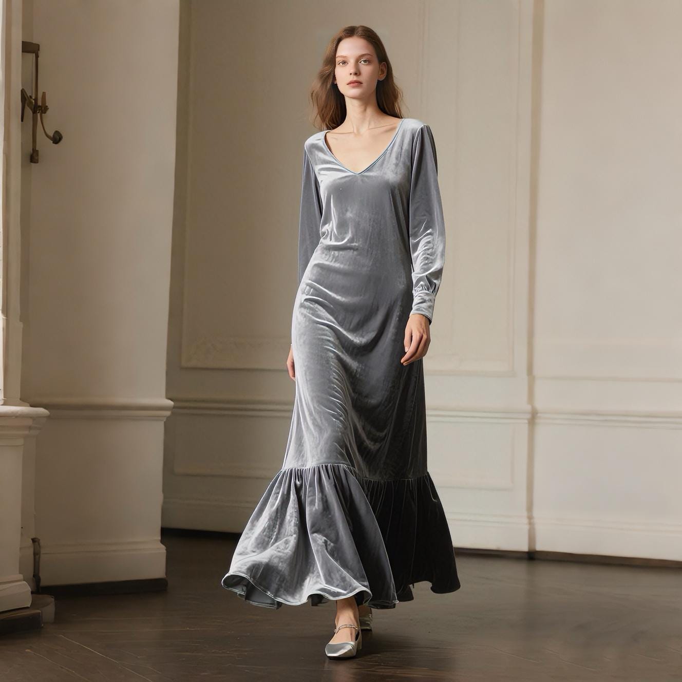 Grey Velvet Maxi Dress for Women V Neck Long Sleeves Dress with Ruffle Hem Modest Evening Gown Fall Winter Wedding Guest Dress Custom Dress