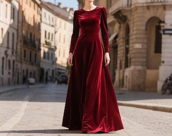 Bordeauxrode fluwelen jurk dames, fluwelen jurk met lange mouwen tot de grond, elegante handgemaakte fluwelen maxi-jurk, rode formele avondjurk feestjurk