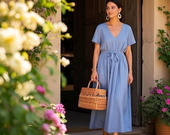 Linnen maxi-jurk korte mouwen v-hals jurk met elastische taille trekkoord minimalistische tuinfeestjurk lente zomerjurk aangepaste jurk