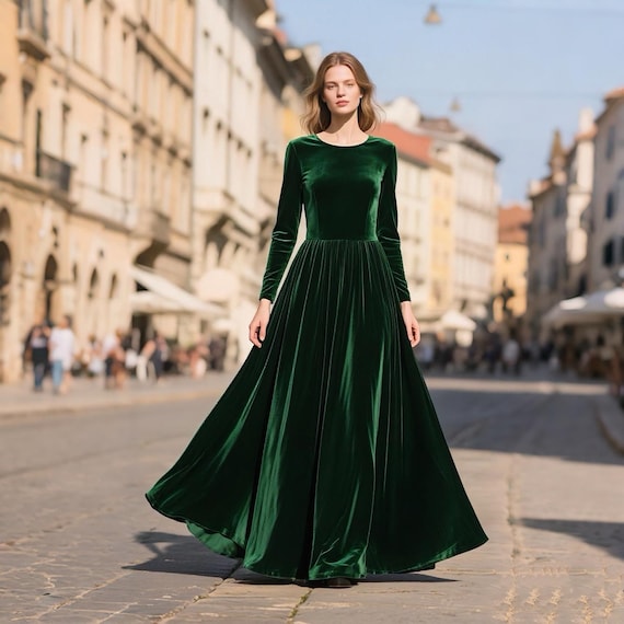 Green Velvet Maxi Dress Fall Winter Dress Women Long Sleeve Dress Evening Gown Floor Length Modest Dress Wedding Guest Christmas Party Dress