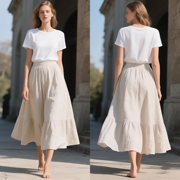 Linen Skirt with Pockets Linen Ruffle Hem Midi Skirt  Elastic Waist Tiered Skirt with Pockets Cottagecore Linen Skirt Handmade Custom Skirt