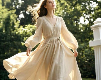 Elegante linnen maxi-jurk lange mouw boho v-hals jurk met riem voor vrouwen lange linnen jurk zomer herfst jurk kaftan jurk aangepaste jurk