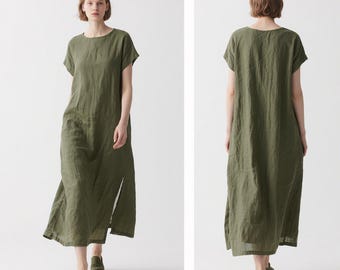 Women Linen Maxi Dress with Pockets Loose Summer Dress Short Sleeve Minimalist Dress Oversized Casual Linen Clothing Custom Plus Size Dress