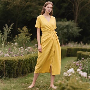 Wrap Linen Dress With Belt Linen Dress With Ties Custom Short Sleeve Summer Midi Dress Linen Clothing Women Handmade V-Neck Vacation Dress