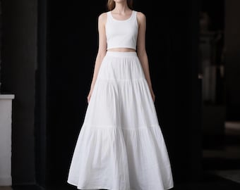 White Linen Tiered Maxi Skirt Women Elastic Waist Skirt Flowy A Line Boho Skirt With Pockets Custom Skirt Summer Fall Skirt Plus Size Skirt