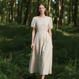 Romantic Linen Maxi Dress Custom Short Puff Sleeve Vintage Cottagecore A-Line Dress with Round Neck Soft Summer Linen Dress Handmade Dress