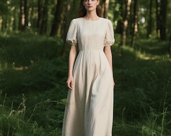 Romantic Linen Maxi Dress Custom Short Puff Sleeve Vintage Cottagecore A-Line Dress with Round Neck Soft Summer Linen Dress Handmade Dress