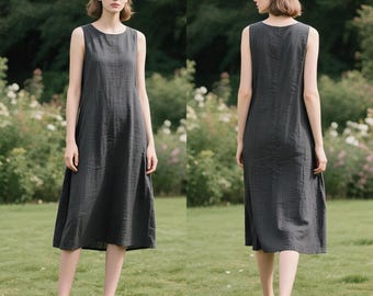 Vestido midi de lino sin mangas, informal, con bolsillos, holgado, corte A, para verano, para mujer, talla grande