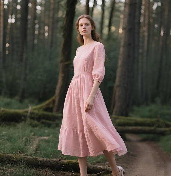 Linen Midi Dress With Puff Sleeves and Ruffle Hem Romantic Cottagecore Dress  Women Flowy Dress Custom A-line Summer Dress Fairycore Dress - Etsy