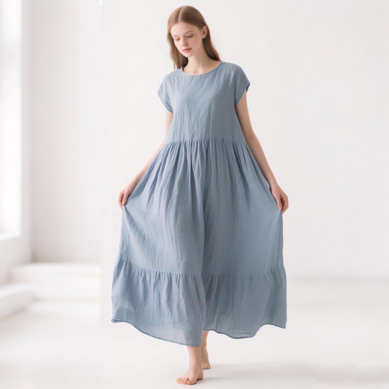 Linen Maxi Dress Women Tiered Dress Loose Fit Summer Dress Short Sleeve Round Neck Dress Ruffle Hem Boho Dress Custom Handmade Linen Dress